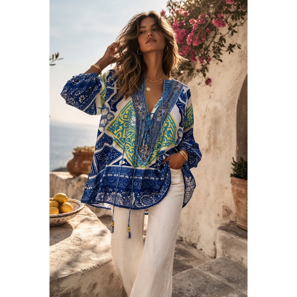 Vintage Camilla Loves INTERMIX‎ Blue Embellished Lace-Up Tunic P/S Mosaic